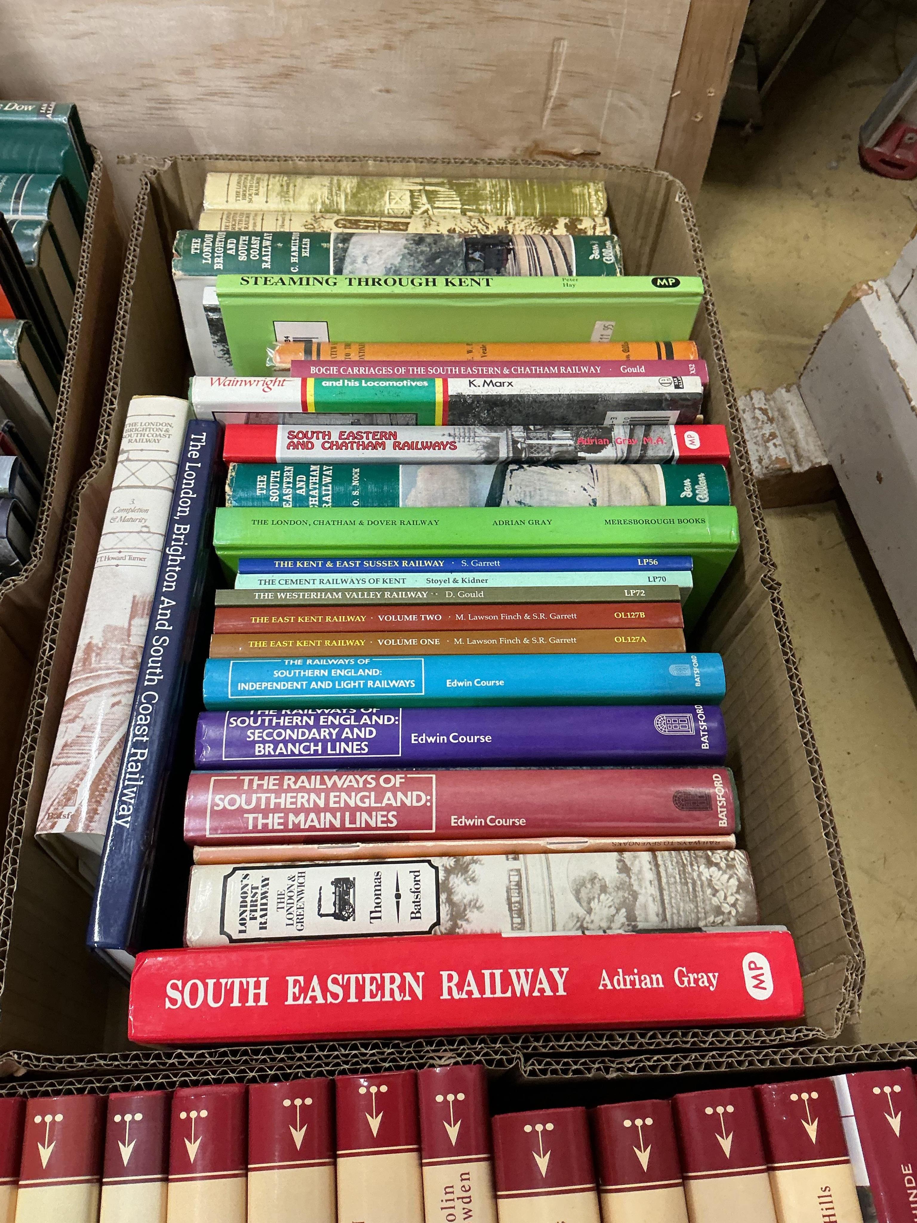 Three boxes of railway related books, subjects include; Stationary Steam Engines, Traction Engines, South Eastern Railway, the East Kent Railway, SECR, the Great Eastern Railway, the Great Central Railway, LBSCR, etc., p